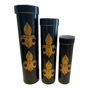 Set of 3 Vintage Black & Gold Fleur-de-Lis Decorative Canisters – Philippines –